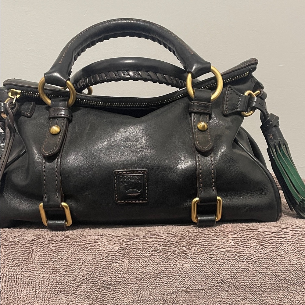 Dooney & Bourke Black Leather Satchel with Gold Accents